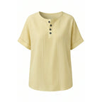 Yellow Women's Striped Henley Top — Celia Relaxed-Fit Button-Placket Short Sleeve - Studio White Front