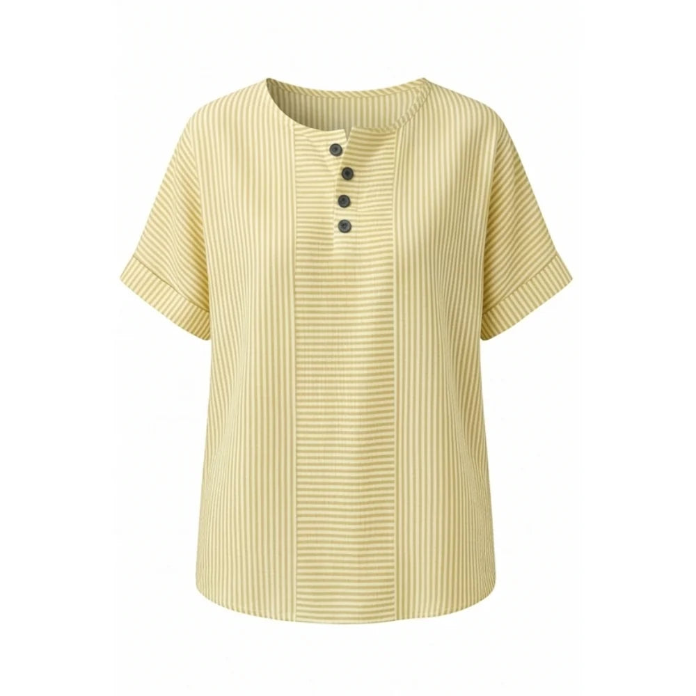 Yellow Women's Striped Henley Top — Celia Relaxed-Fit Button-Placket Short Sleeve - Studio White Front
