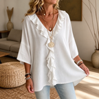 Women's Ruffle Loose Fit Blouse with V-Neck & Three-Quarter Sleeves — Bess