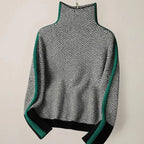 Women's High Neck Sweater with Herringbone Pattern & Contrast Stripe Detail - Flat Lay Hanging