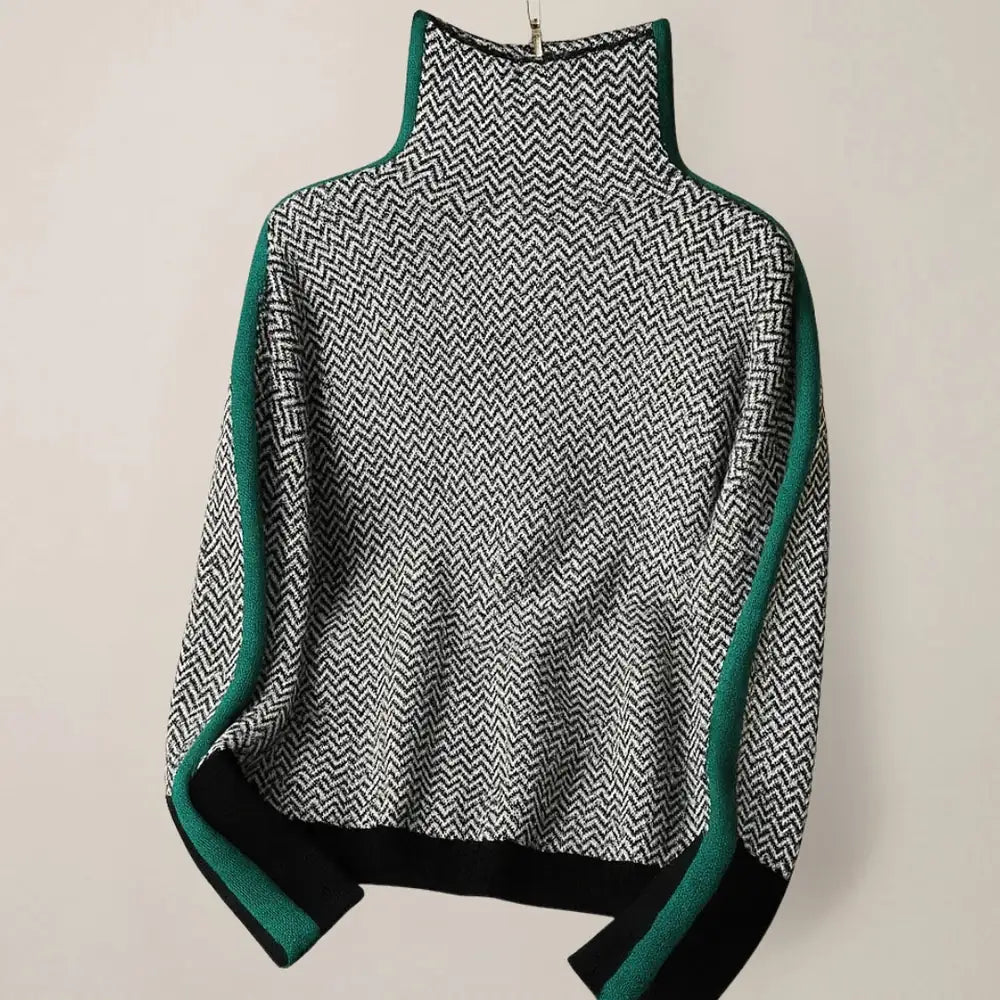 Women's High Neck Sweater with Herringbone Pattern & Contrast Stripe Detail - Flat Lay Hanging