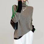 Green Women's High Neck Sweater with Herringbone Pattern & Contrast Stripe Detail