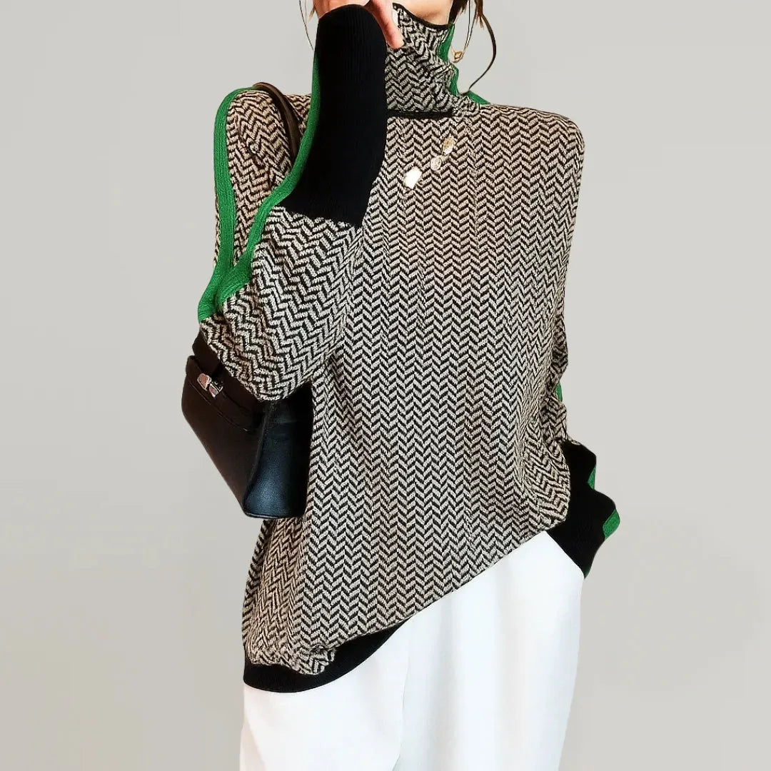 Green Women's High Neck Sweater with Herringbone Pattern & Contrast Stripe Detail