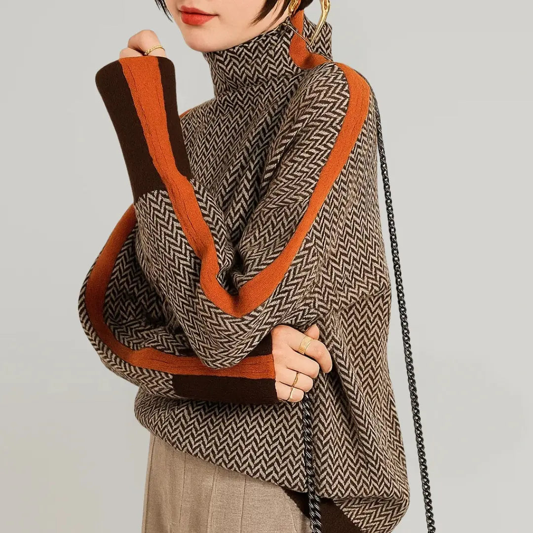 Women's High Neck Sweater with Herringbone Pattern & Contrast Stripe Detail - Close Up Sleeve Detail