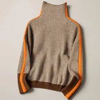 Women's High Neck Sweater with Herringbone Pattern & Contrast Stripe Detail - Flat Lay Back