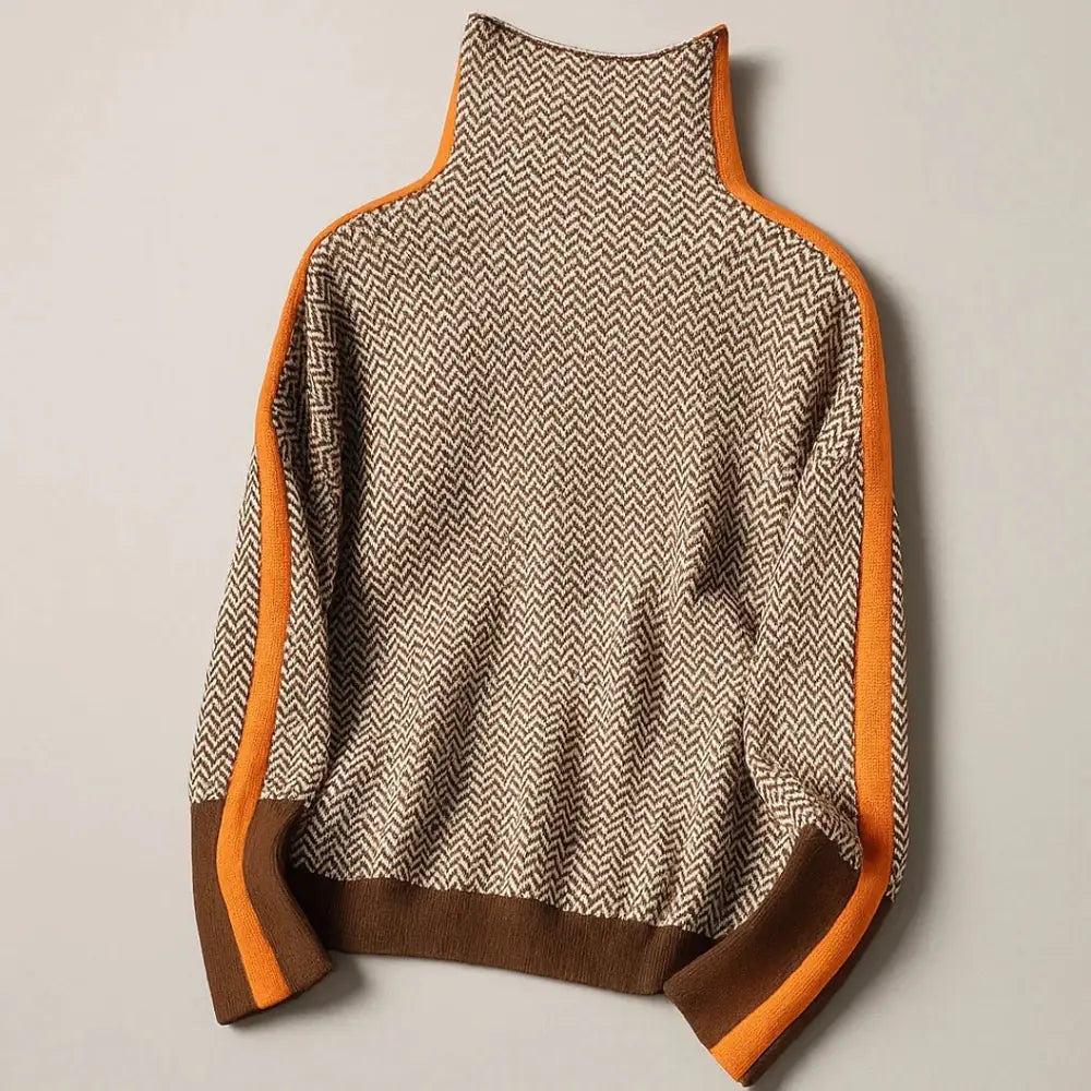 Women's High Neck Sweater with Herringbone Pattern & Contrast Stripe Detail - Flat Lay Back