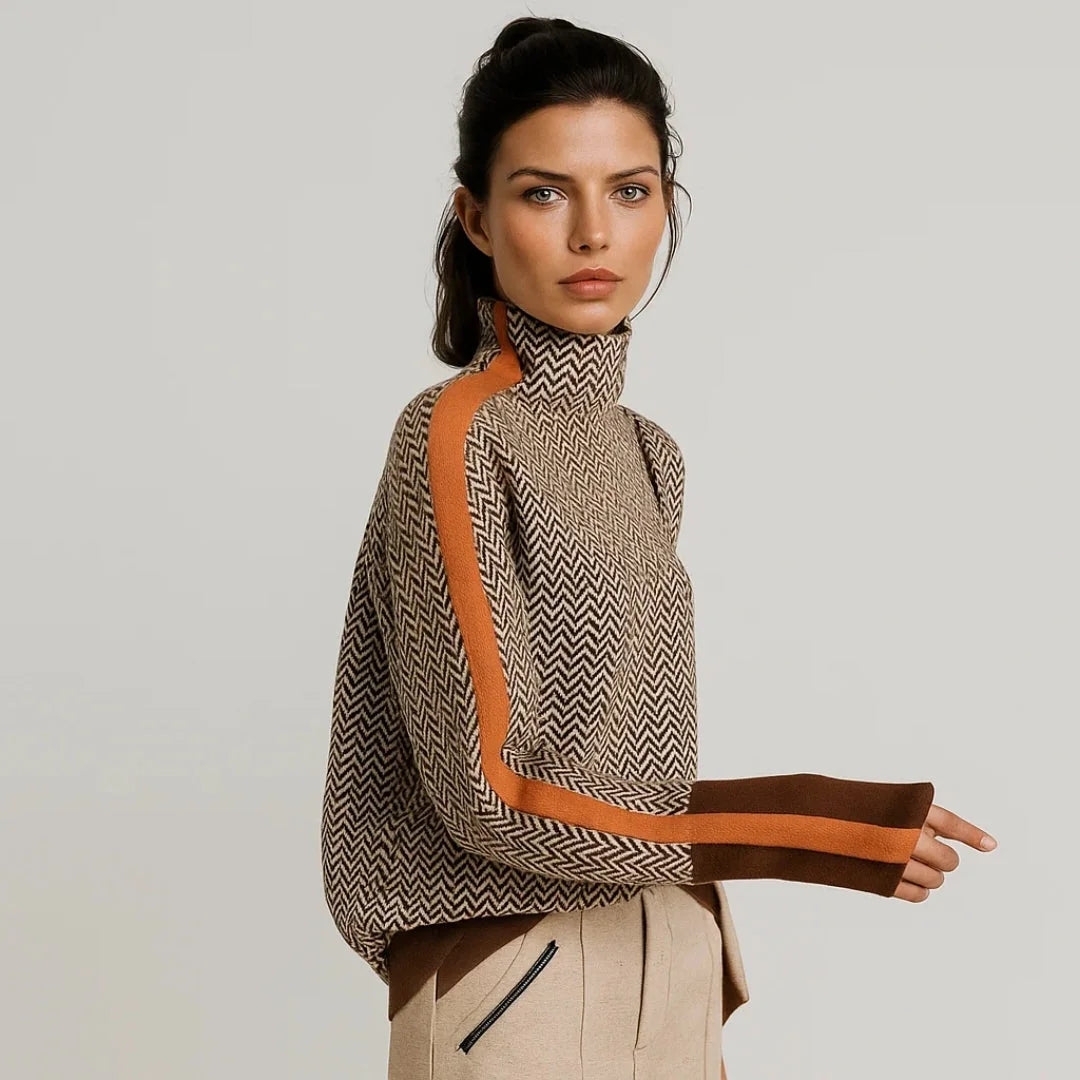 Orange Women's High Neck Sweater with Herringbone Pattern & Contrast Stripe Detail