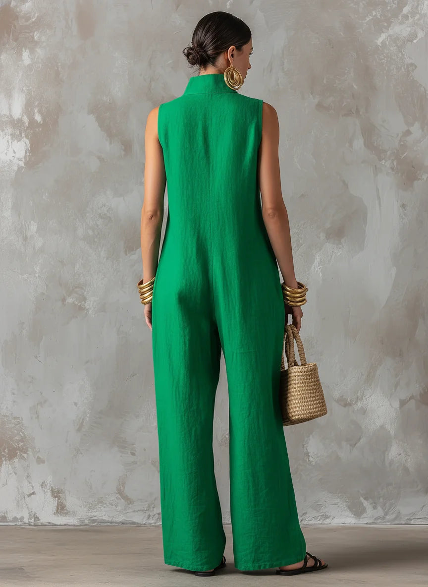 Green Women's Linen Jumpsuit — Jolie High Neck Sleeveless Pockets - Back Full