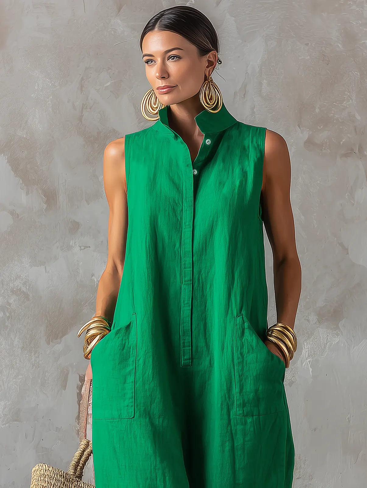 Green Women's Linen Jumpsuit — Jolie High Neck Sleeveless Pockets - Close Up Neckline