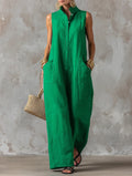 Women's Linen Jumpsuit — Jolie High Neck Sleeveless Pockets