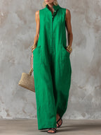 Green Women's Linen Jumpsuit — Jolie High Neck Sleeveless Pockets - Front Full