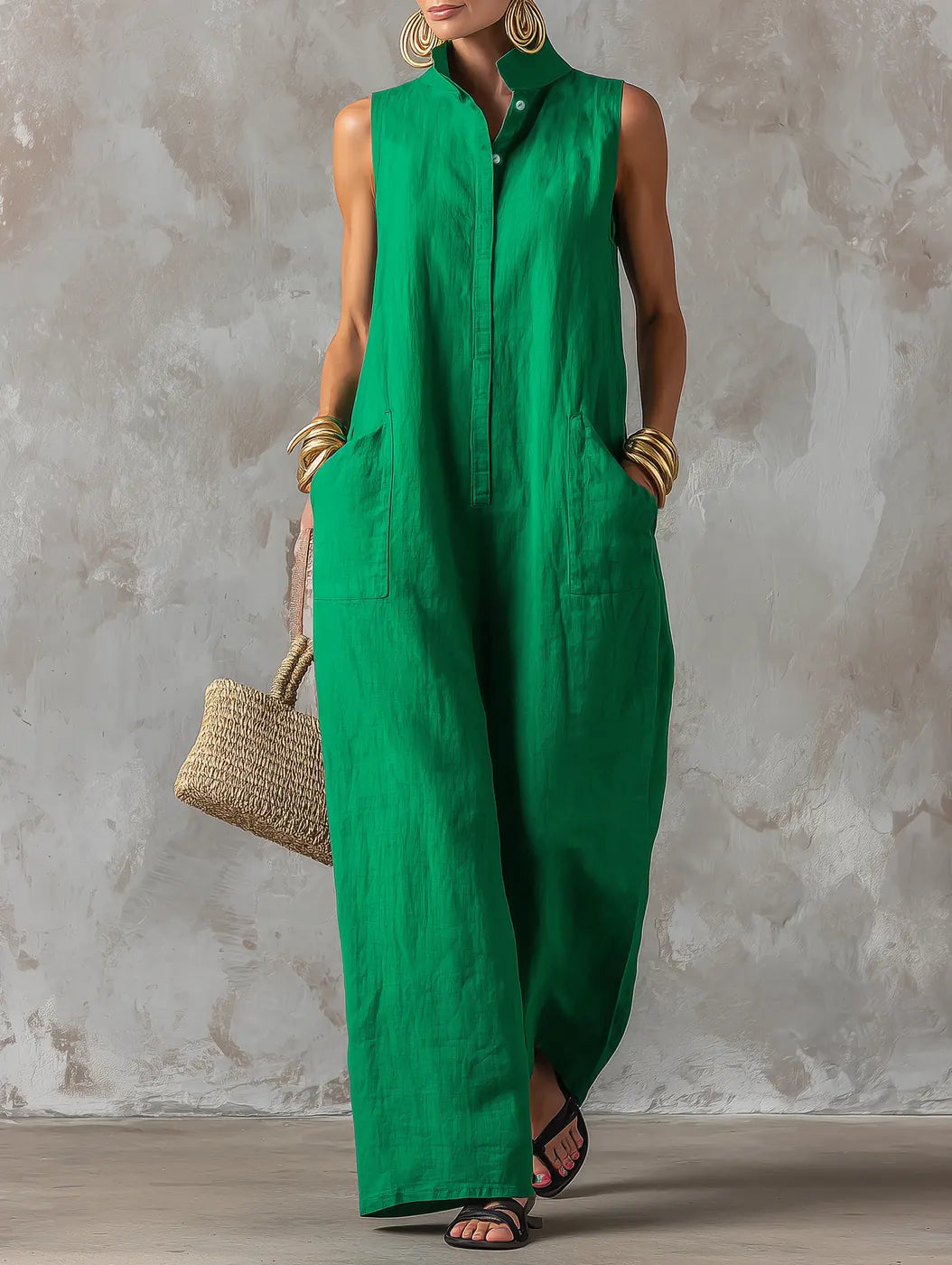 Green Women's Linen Jumpsuit — Jolie High Neck Sleeveless Pockets - Front Full