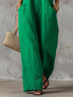 Green Women's Linen Jumpsuit — Jolie High Neck Sleeveless Pockets - Hem Detail
