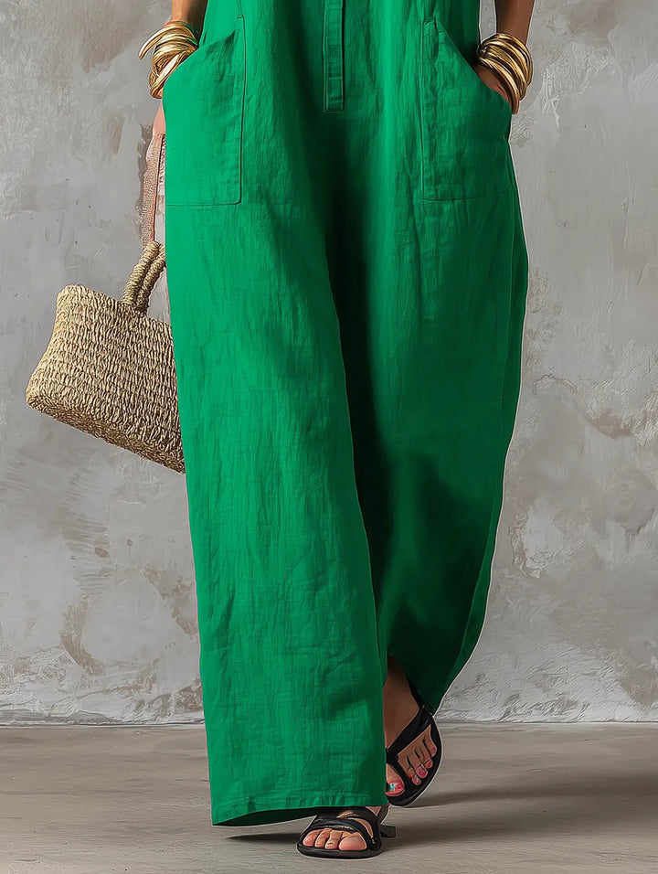 Green Women's Linen Jumpsuit — Jolie High Neck Sleeveless Pockets - Hem Detail