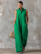 Green Women's Linen Jumpsuit — Jolie High Neck Sleeveless Pockets - Side Pose