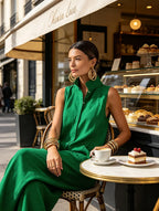 Green Women's Linen Jumpsuit — Jolie High Neck Sleeveless Pockets - Worn Lifestyle