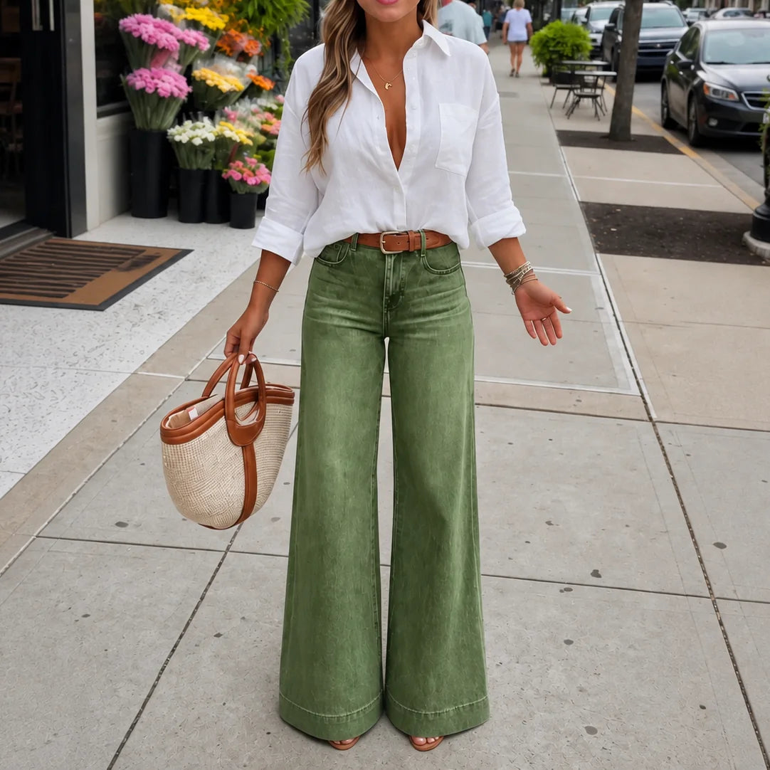 Army Green Women's High-Rise Wide Leg Jeans with Relaxed Drape