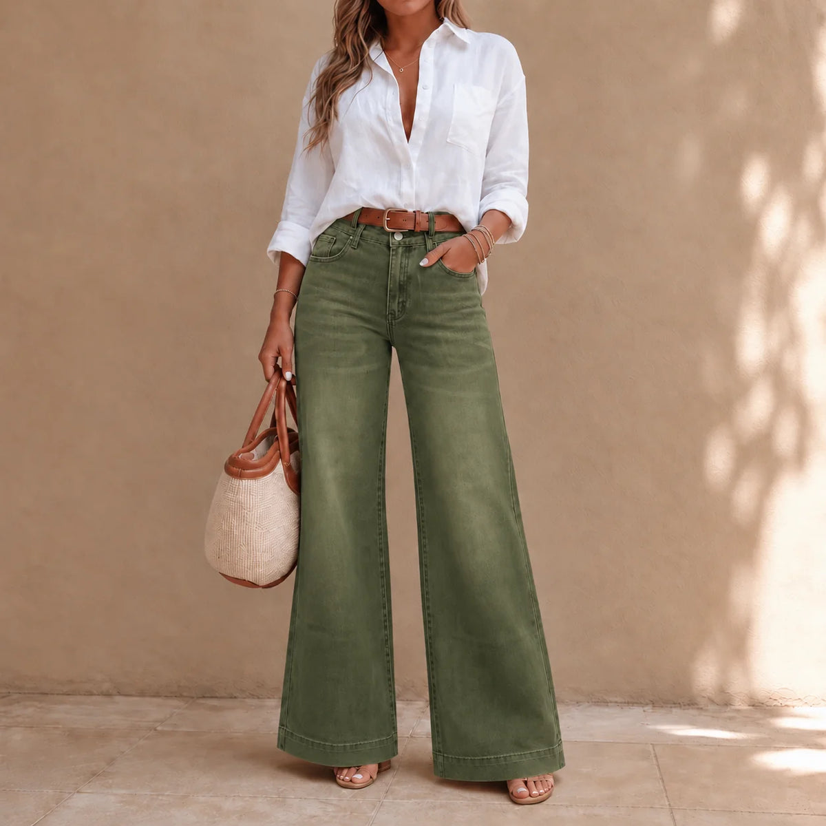 Olive Green Women's High-Rise Wide Leg Jeans with Relaxed Drape