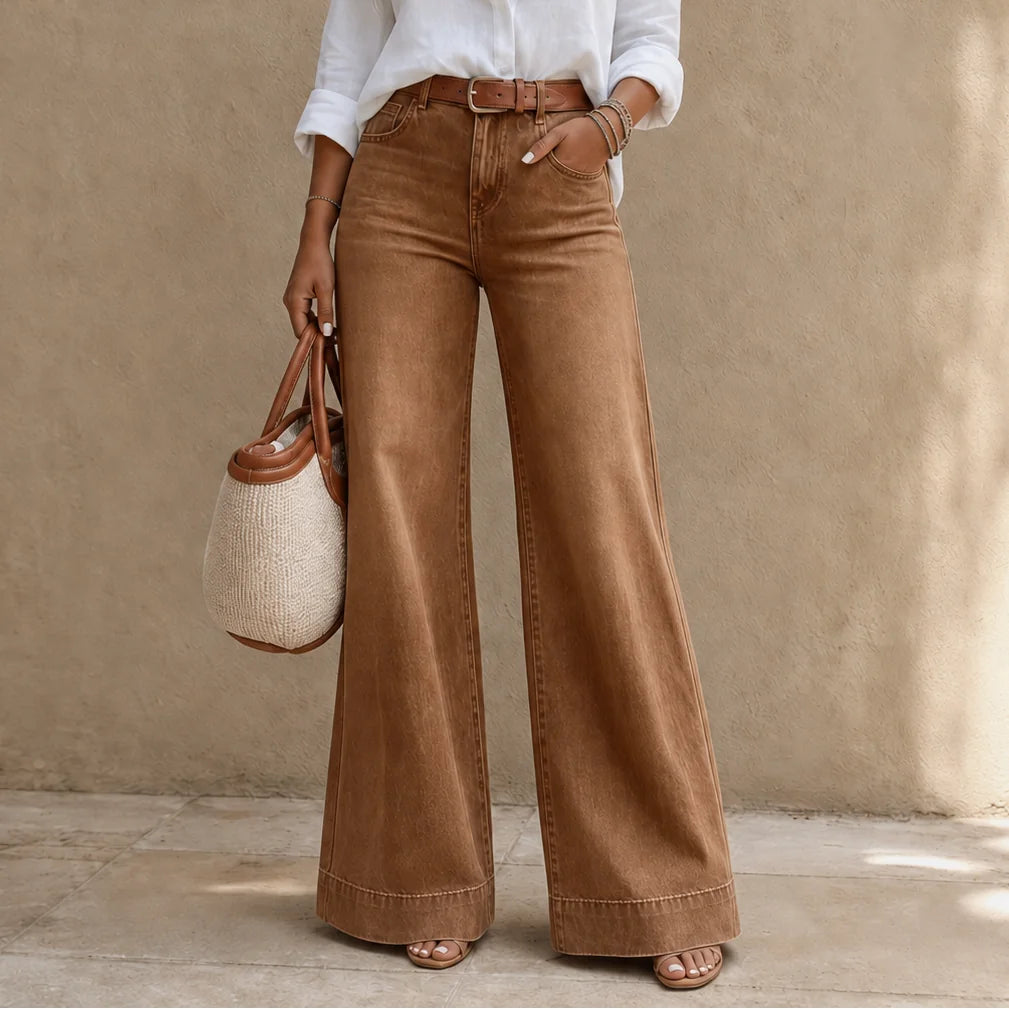 Women's High-Rise Wide Leg Jeans with Relaxed Drape - Brown Front Close Up Belt