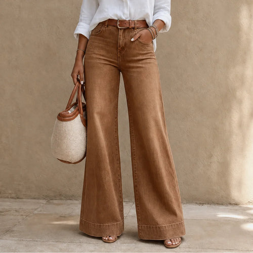 Women's High-Rise Wide Leg Jeans with Relaxed Drape - Brown Front Close Up Belt