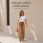 Women's High-Rise Wide Leg Jeans with Relaxed Drape - Brown Front Full Casual Tee