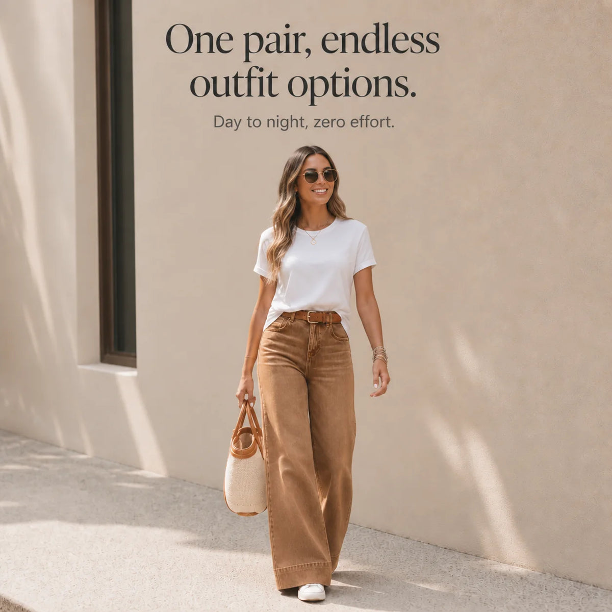 Women's High-Rise Wide Leg Jeans with Relaxed Drape - Brown Front Full Casual Tee