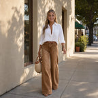 Women's High-Rise Wide Leg Jeans with Relaxed Drape - Brown Front Full Street