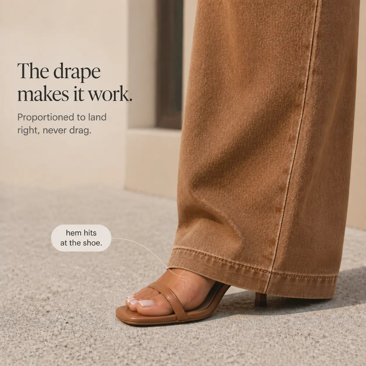 Women's High-Rise Wide Leg Jeans with Relaxed Drape - Brown Hem Shoe Detail