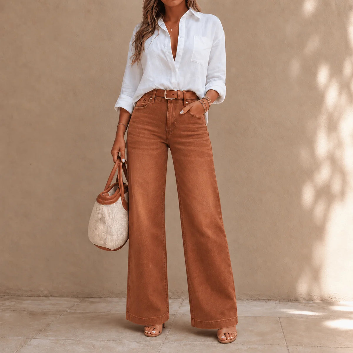 Rust Brown Women's High-Rise Wide Leg Jeans with Relaxed Drape