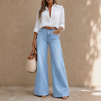 Sky Blue Women's High-Rise Wide Leg Jeans with Relaxed Drape