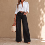 Washed Black Women's High-Rise Wide Leg Jeans with Relaxed Drape
