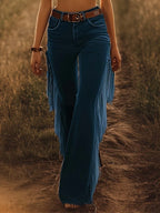 Blue Women's High Waist Flared Jeans — Melody Stretchy Fringe Western - Front Pose Walk