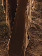 Brown Women's High Waist Flared Jeans — Melody Stretchy Fringe Western - Fringe Detail Close Up