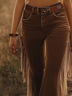 Brown Women's High Waist Flared Jeans — Melody Stretchy Fringe Western - Waist Belt Close Up