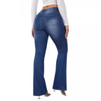 Dark Blue Women's High Waist Flared Jeans — Willa Stonewashed Denim Bootcut - Back Detail