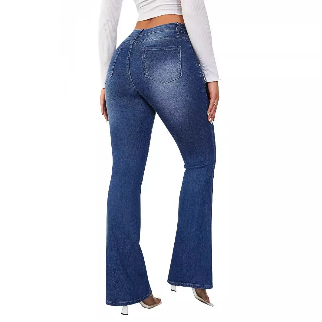 Dark Blue Women's High Waist Flared Jeans — Willa Stonewashed Denim Bootcut - Back Detail