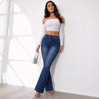 Dark Blue Women's High Waist Flared Jeans — Willa Stonewashed Denim Bootcut - Model Standing