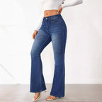 Dark Blue Women's High Waist Flared Jeans — Willa Stonewashed Denim Bootcut - Side Pose