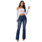 Dark Blue Women's High Waist Flared Jeans — Willa Stonewashed Denim Bootcut - Studio Full Body