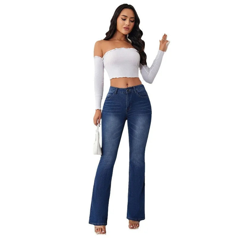 Dark Blue Women's High Waist Flared Jeans — Willa Stonewashed Denim Bootcut - Studio Full Body