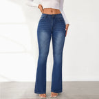 Dark Blue Women's High Waist Flared Jeans — Willa Stonewashed Denim Bootcut - Waist Close Up