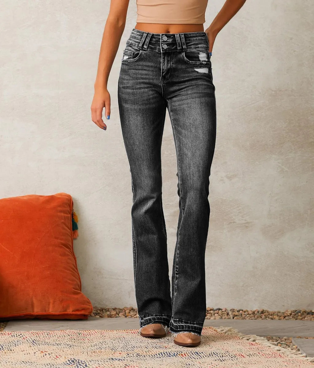 Black Women's High-Waisted Bootcut Jeans — Sage Denim Distressed Frayed-Hem - Front Detail