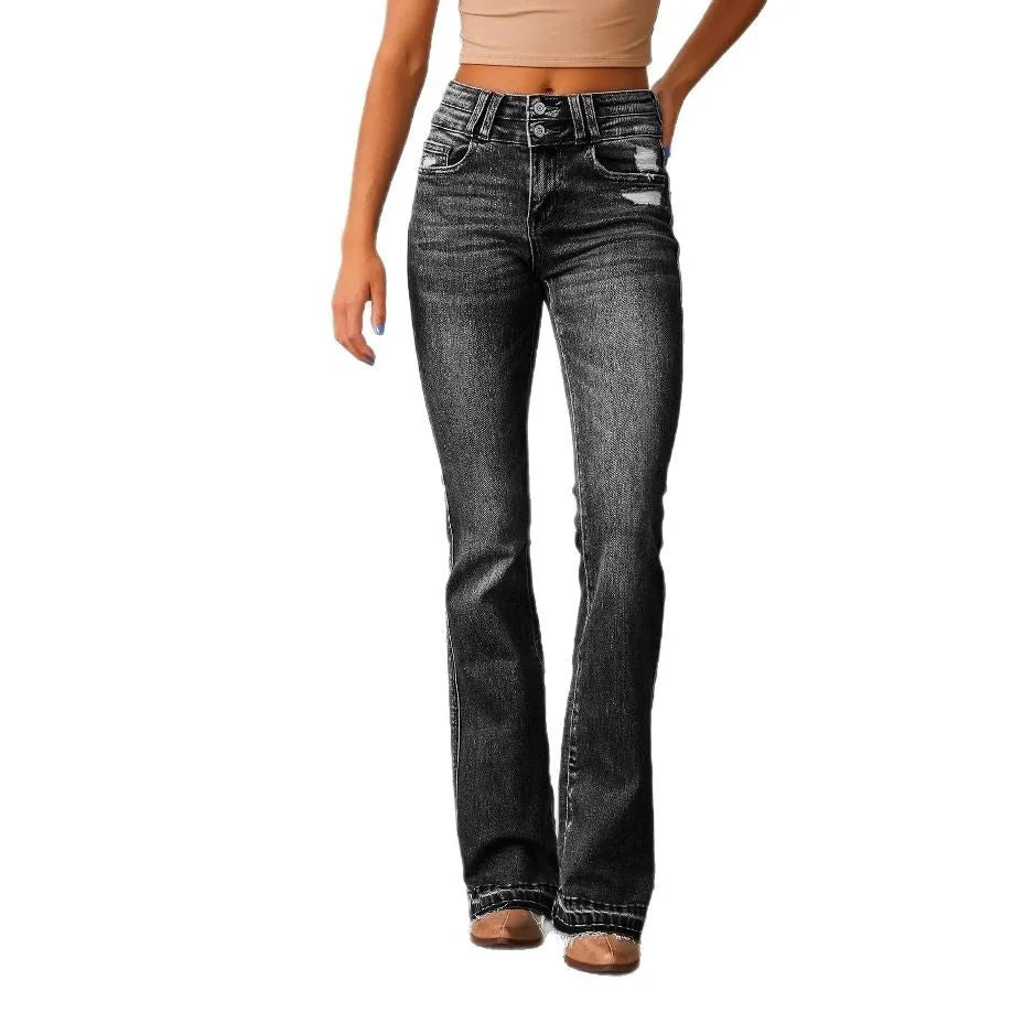 Black Women's High-Waisted Bootcut Jeans — Sage Denim Distressed Frayed-Hem - Front Studio