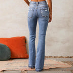 Blue Women's High-Waisted Bootcut Jeans — Sage Denim Distressed Frayed-Hem - Back Detail