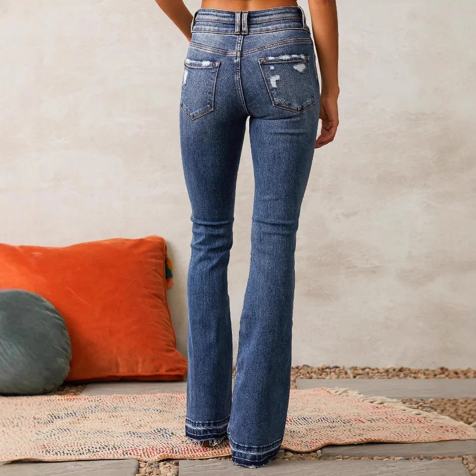 Blue Women's High-Waisted Bootcut Jeans — Sage Denim Distressed Frayed-Hem - Back Full