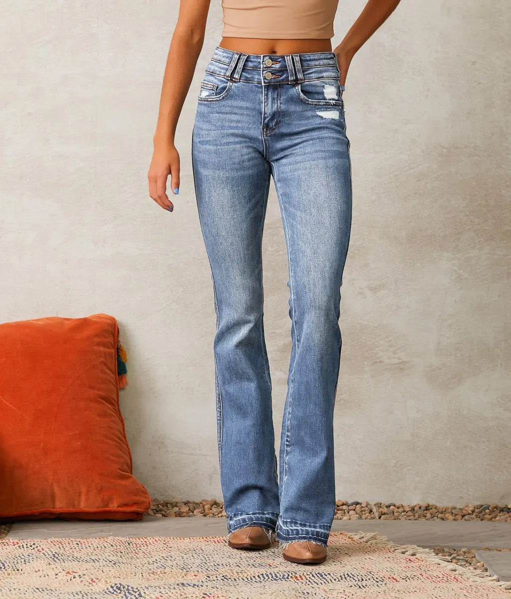 Blue Women's High-Waisted Bootcut Jeans — Sage Denim Distressed Frayed-Hem - Front Closeup