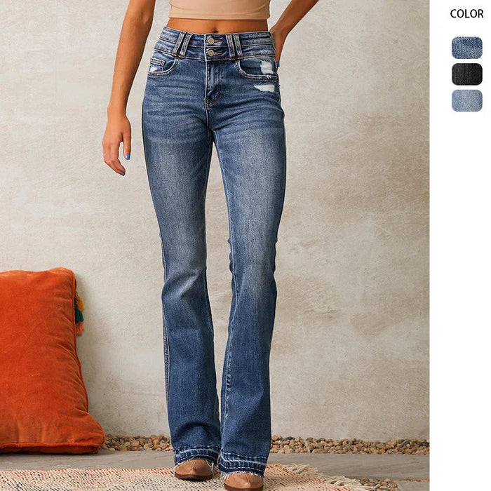 Blue Women's High-Waisted Bootcut Jeans — Sage Denim Distressed Frayed-Hem - Front Full