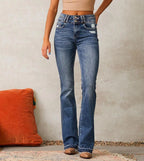 Blue Women's High-Waisted Bootcut Jeans — Sage Denim Distressed Frayed-Hem - Front Pose