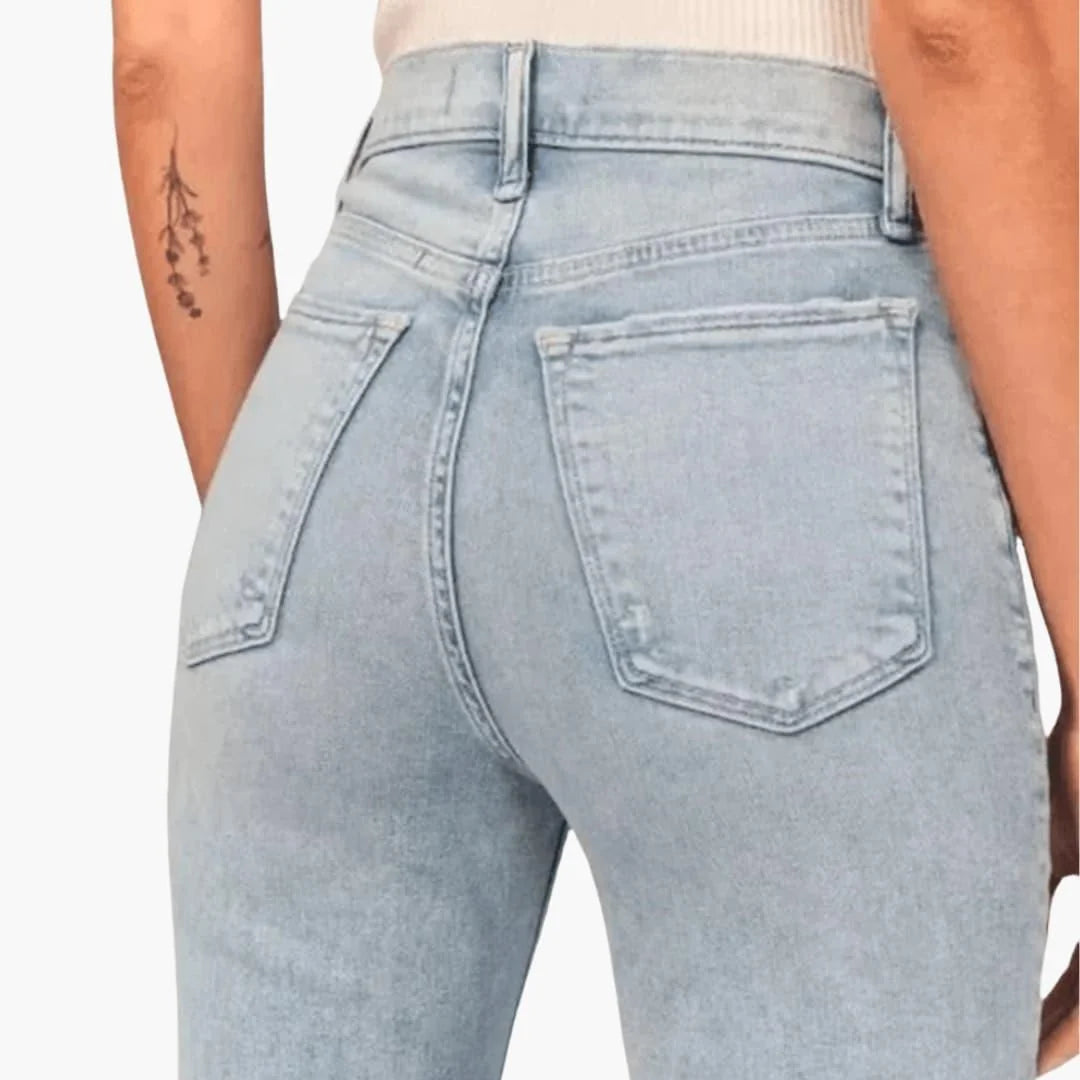 Light Blue Women's High-Waisted Bootcut Jeans — Sadie Everyday Flared Five-Pocket - Back Pocket Detail