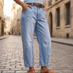 Light Blue Women's High-Waisted Barrel Leg Jeans — Aida Everyday Cropped Curved-Seam - Close Up Front